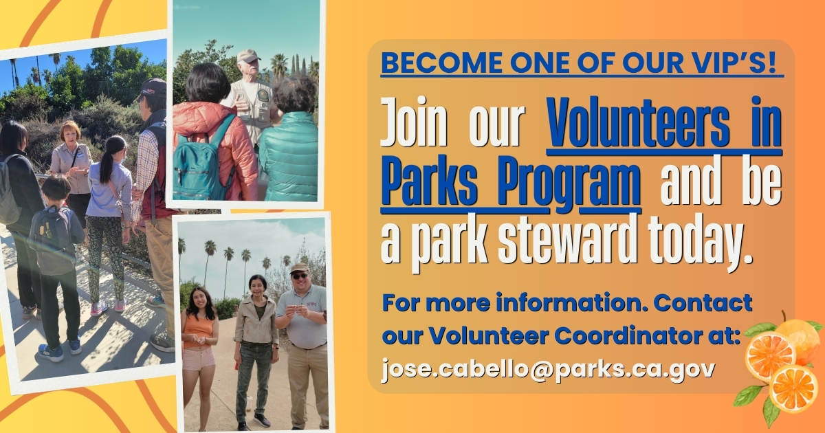 Images of volunteers and visitors on an orange background with text that reads: 